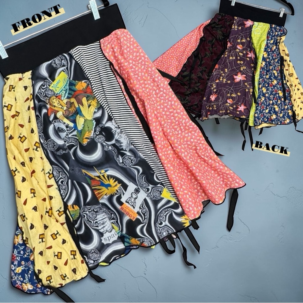 Christy Fisher Upcycled Eclectic Mixed Print Artsy Patchwork Skirt Size L